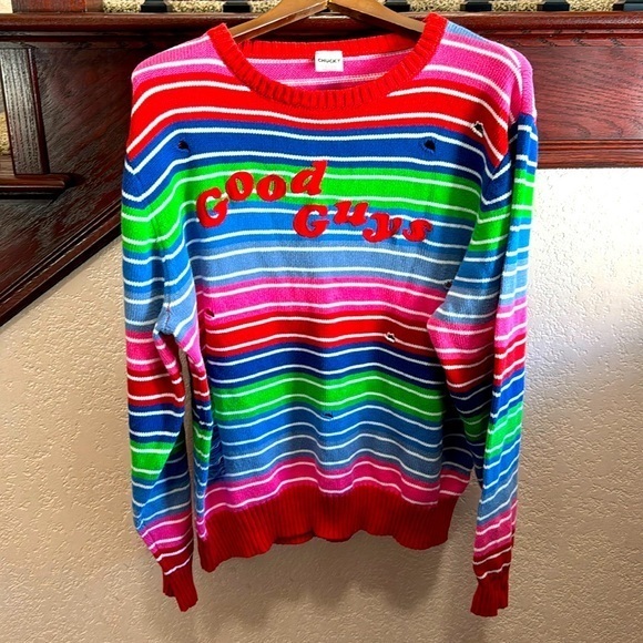 Chucky Adult Size XXL Colorful Rainbow Striped Halloween or for Fun Sweater - Picture 1 of 4